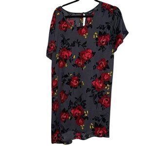 Torrid Womens Plus Size 4 Gray Floral Print Dress With Red Roses & Short Sleeves